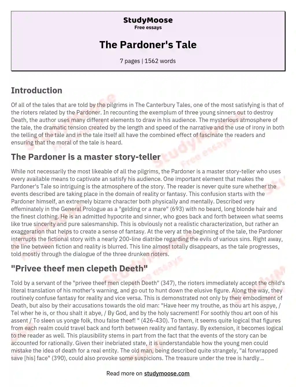 The Pardoner's Tale Free Essay Example