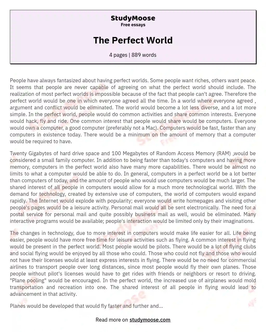 The Perfect World Free Essay Example
