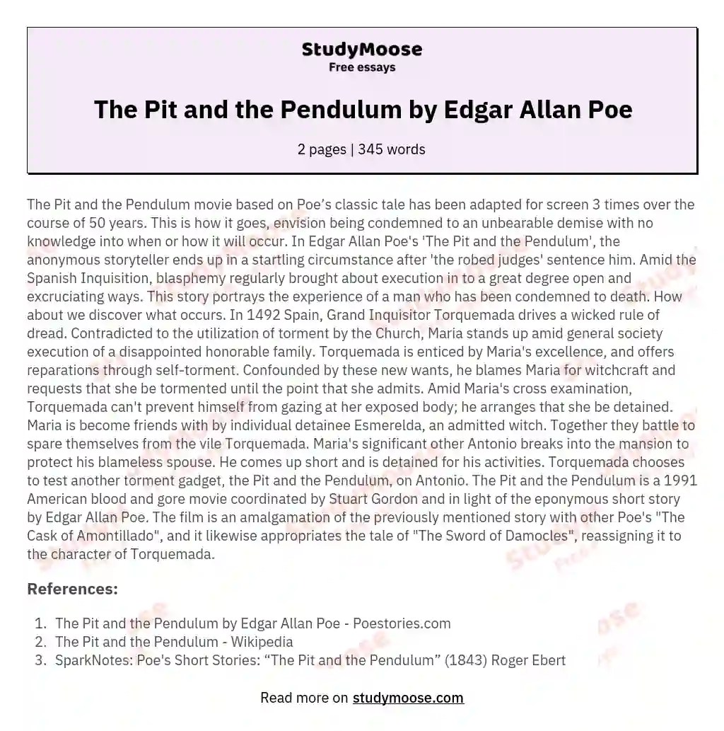 The Pit and the Pendulum by Edgar Allan Poe Free Essay Example