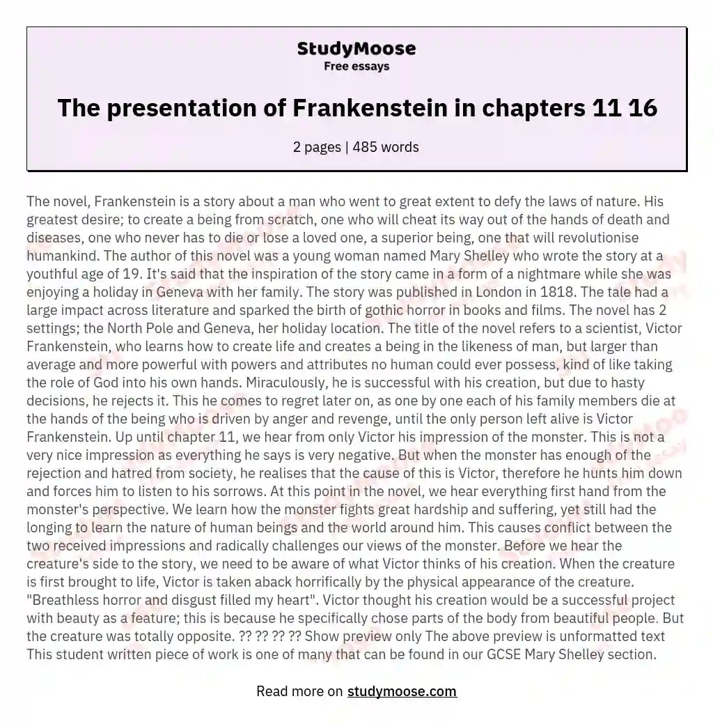 The presentation of Frankenstein in chapters 11 16 Free Essay Example