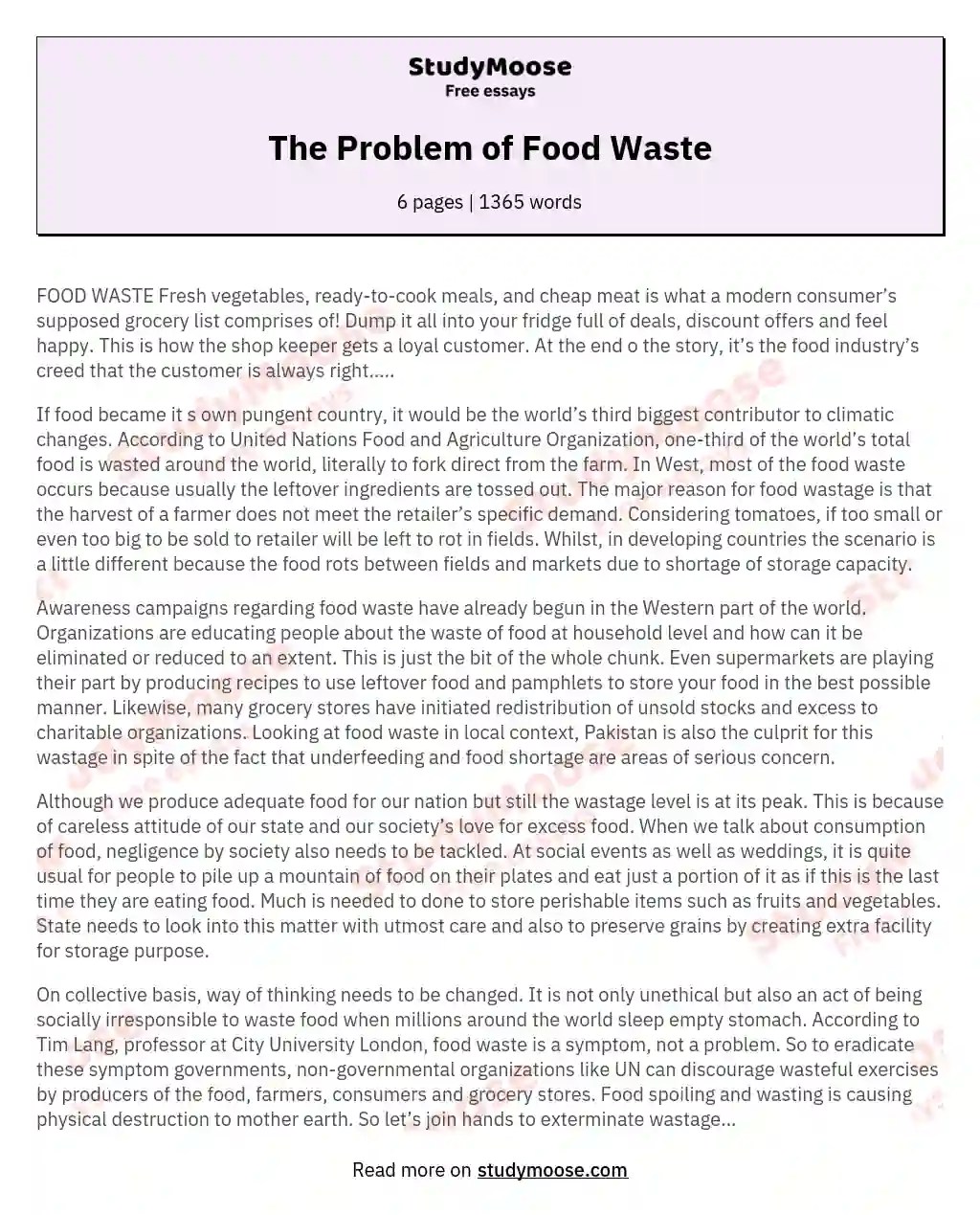 The Problem of Food Waste An Argumentative Essay Example