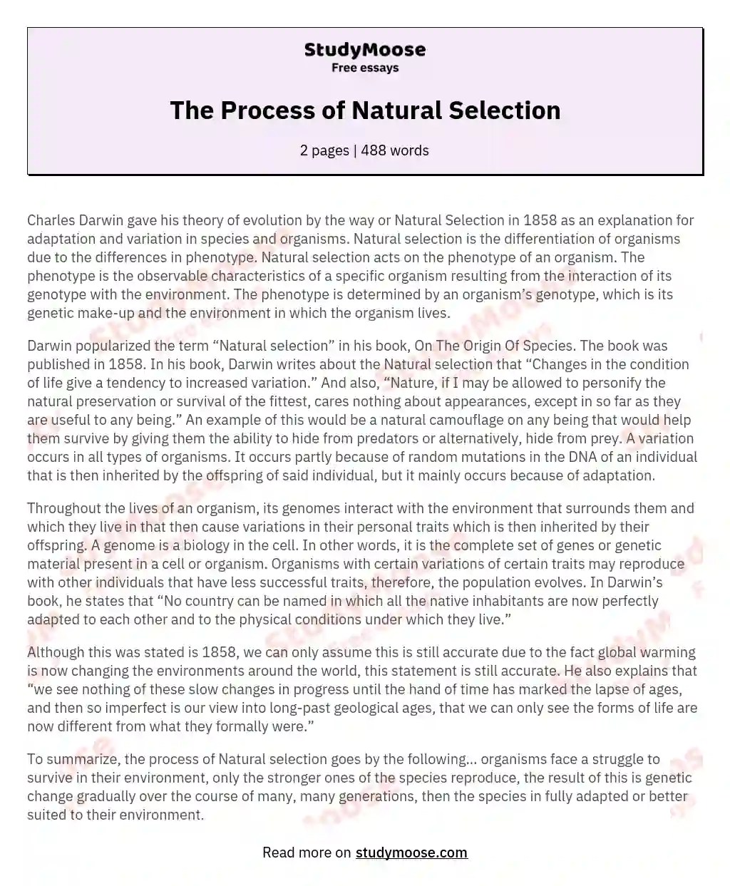 The Process of Natural Selection Free Essay Example