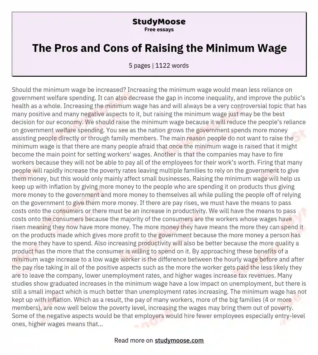 The Pros and Cons of Raising the Minimum Wage Free Essay Example