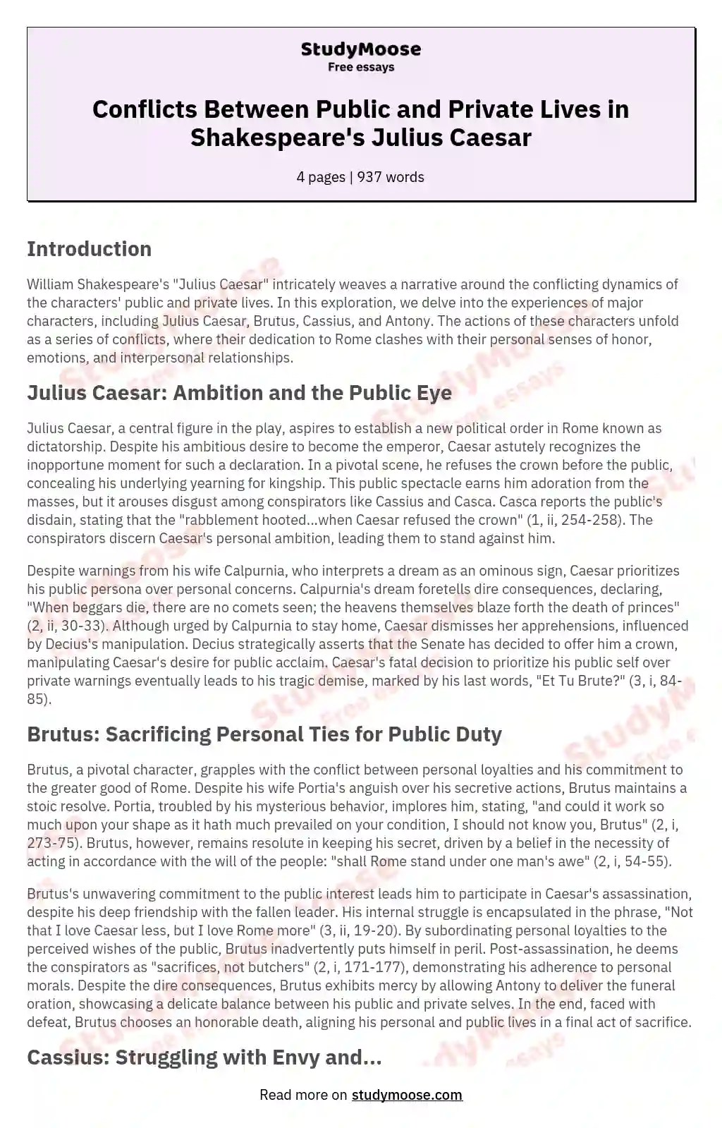 Conflicts Between Public and Private Lives in Shakespeare's Julius