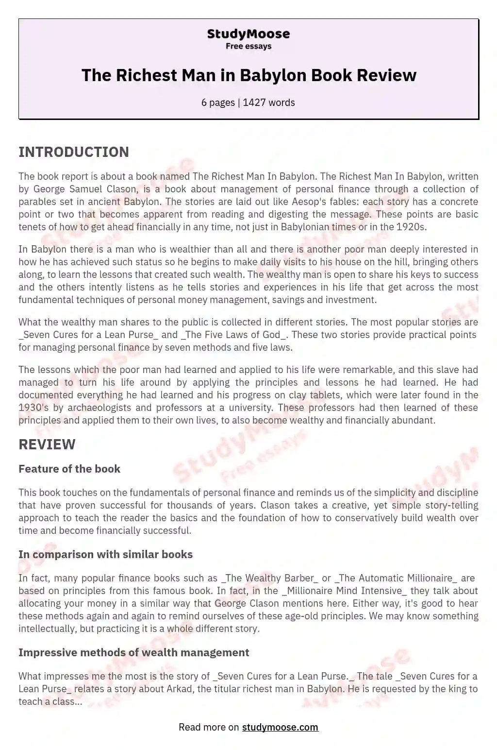 The Richest Man in Babylon Book Review Free Essay Example