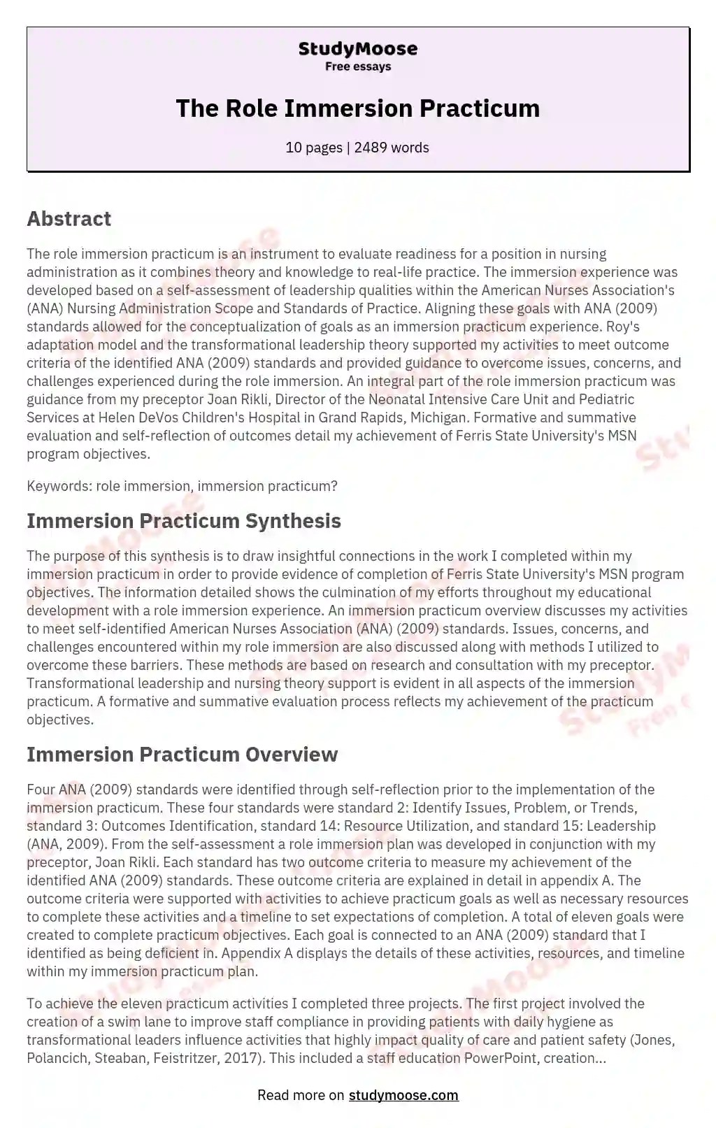 The Role Immersion Practicum Free Essay Example