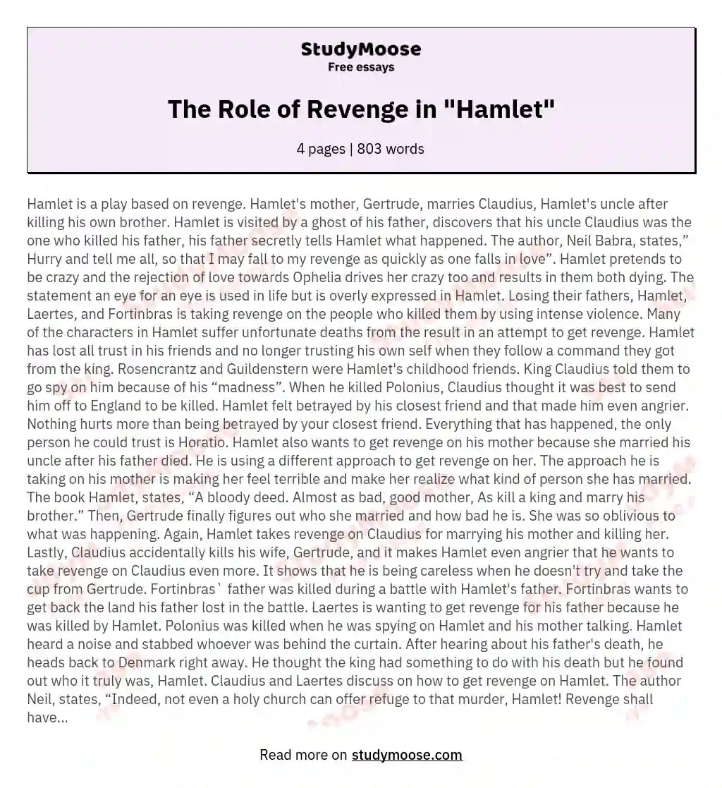 The Role of Revenge in "Hamlet" Free Essay Example