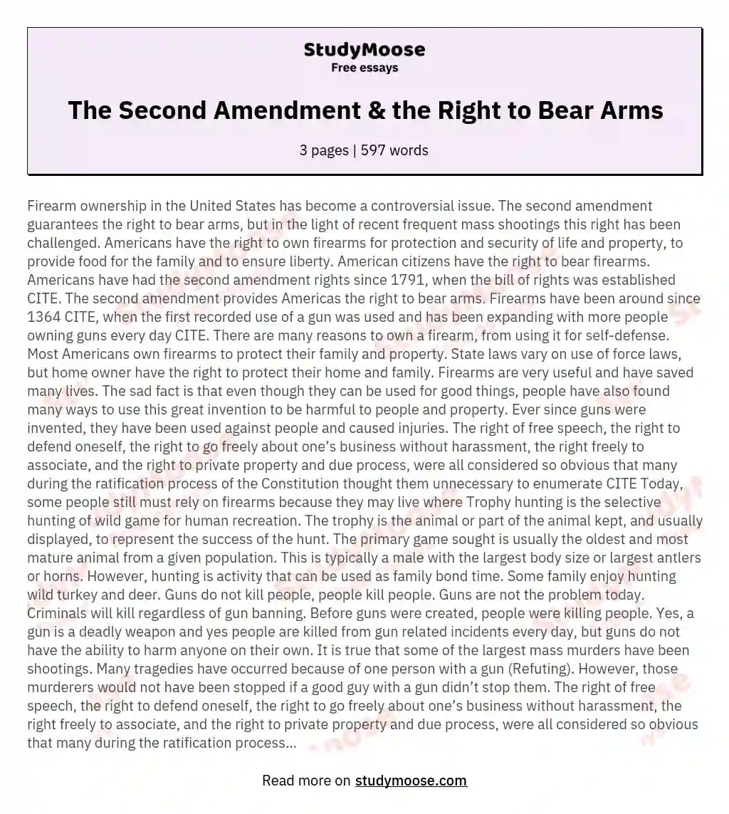 The Second Amendment & the Right to Bear Arms Free Essay Example