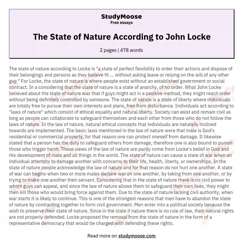 The State of Nature According to John Locke Free Essay Example