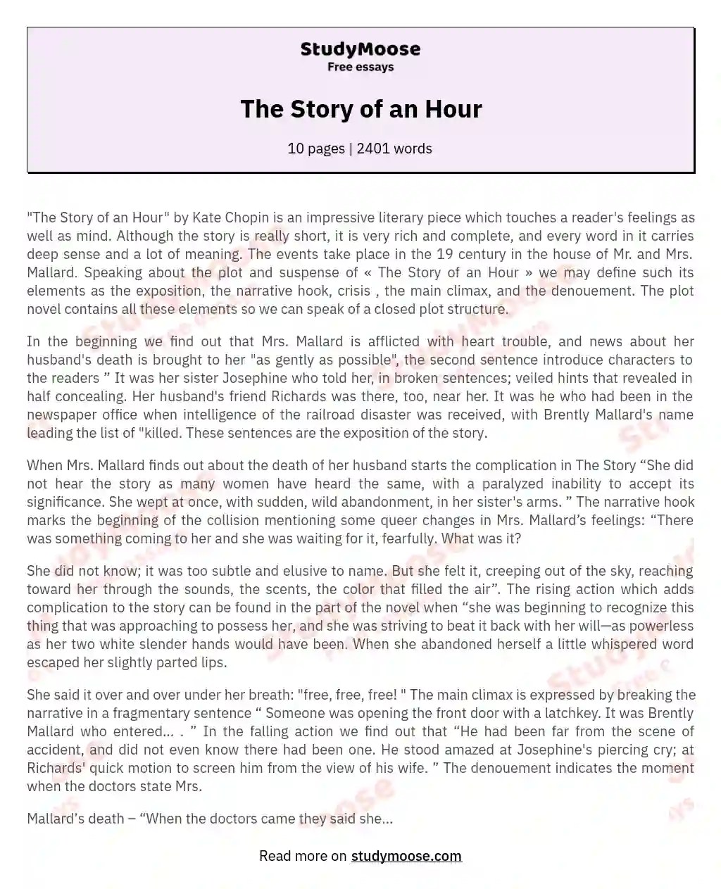 The Story of an Hour Free Essay Example