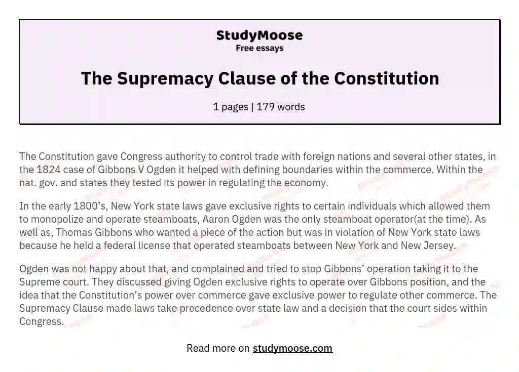 The Supremacy Clause of the Constitution Free Essay Example