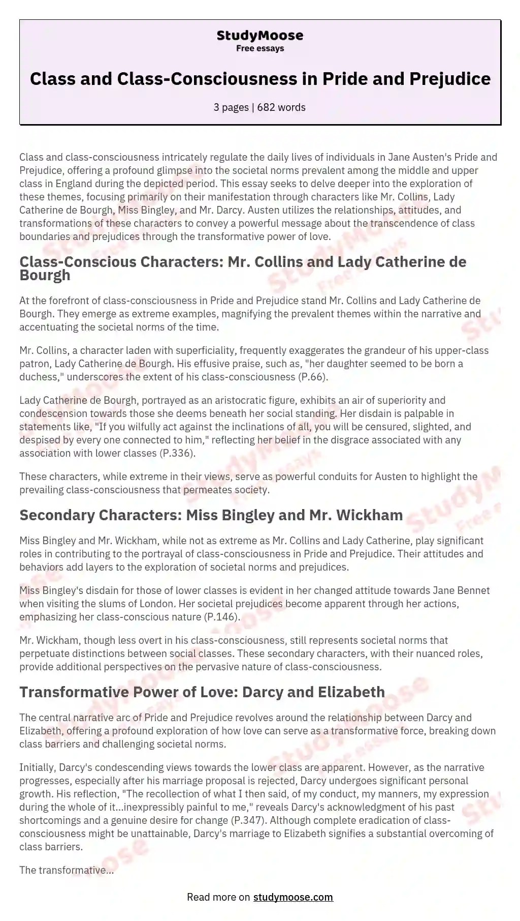 Class and ClassConsciousness in Pride and Prejudice Free Essay Example