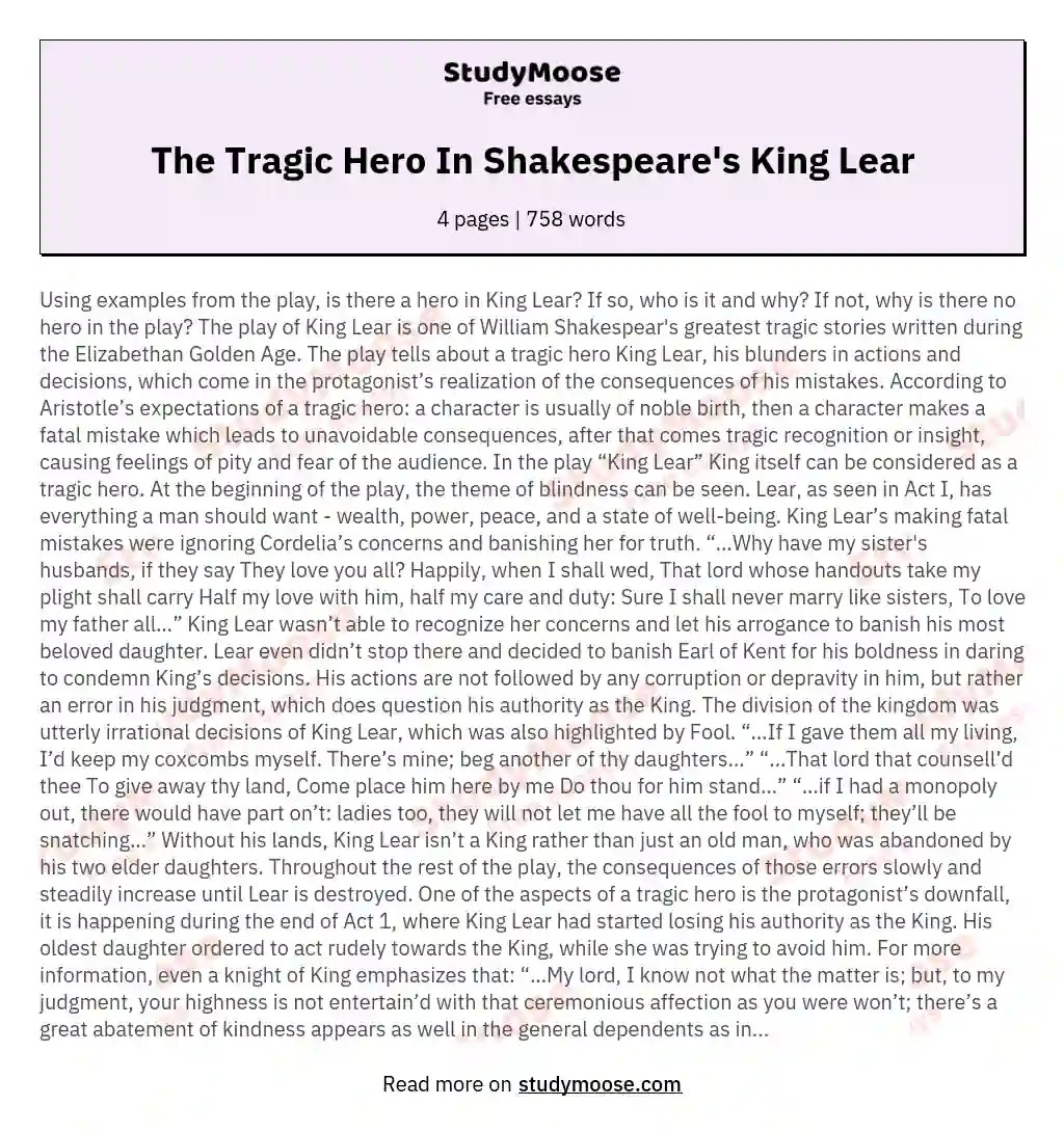 The Tragic Hero In Shakespeare's King Lear Free Essay Example