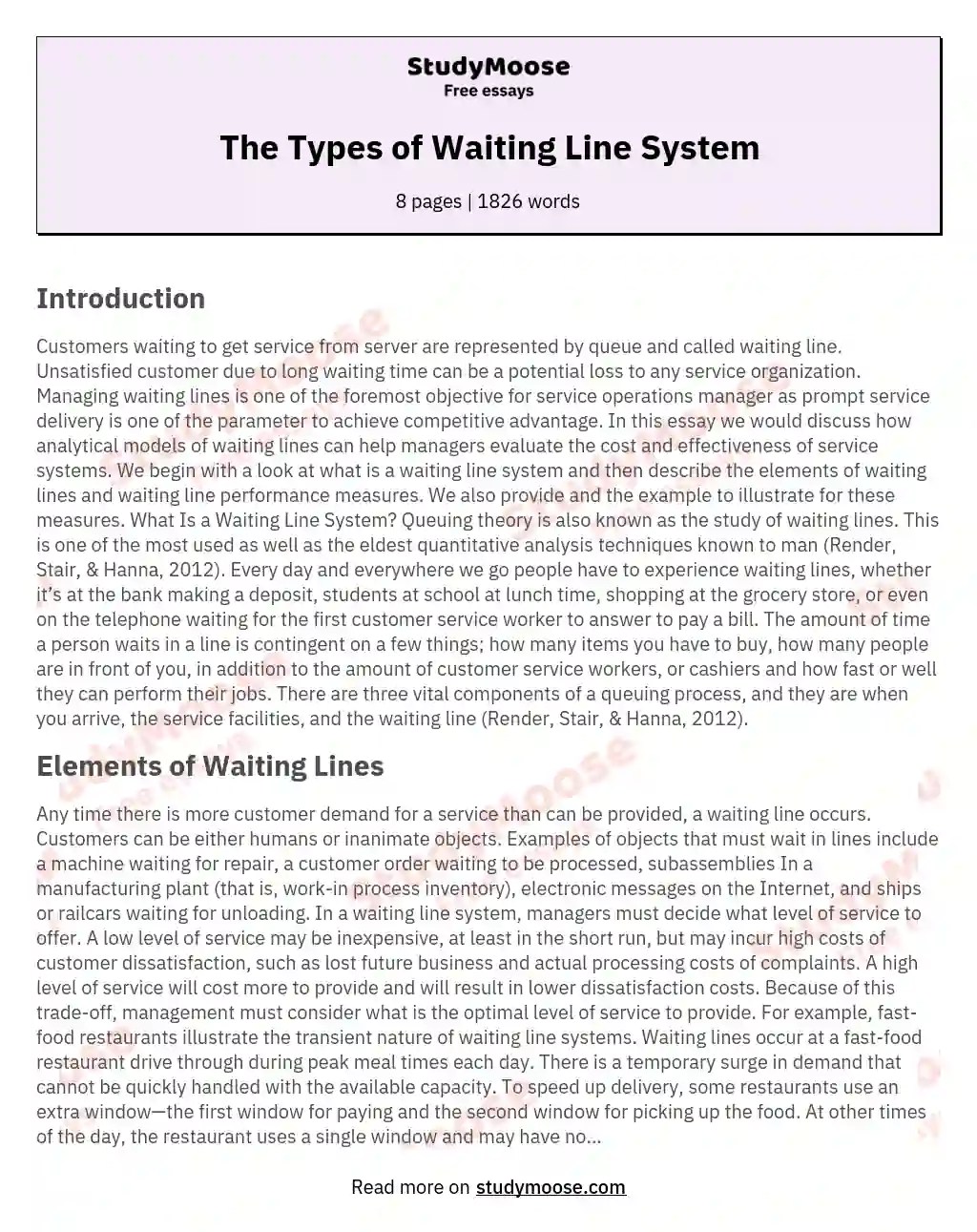 The Types of Waiting Line System Free Essay Example