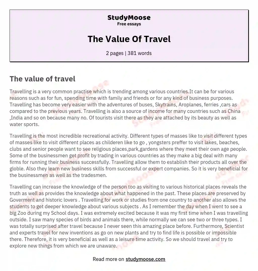 The Value Of Travel Free Essay Example