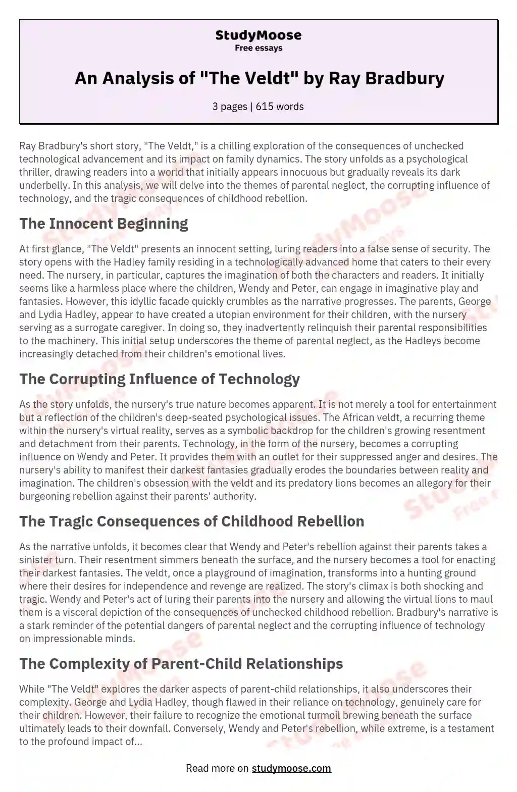An Analysis of "The Veldt" by Ray Bradbury Free Essay Example