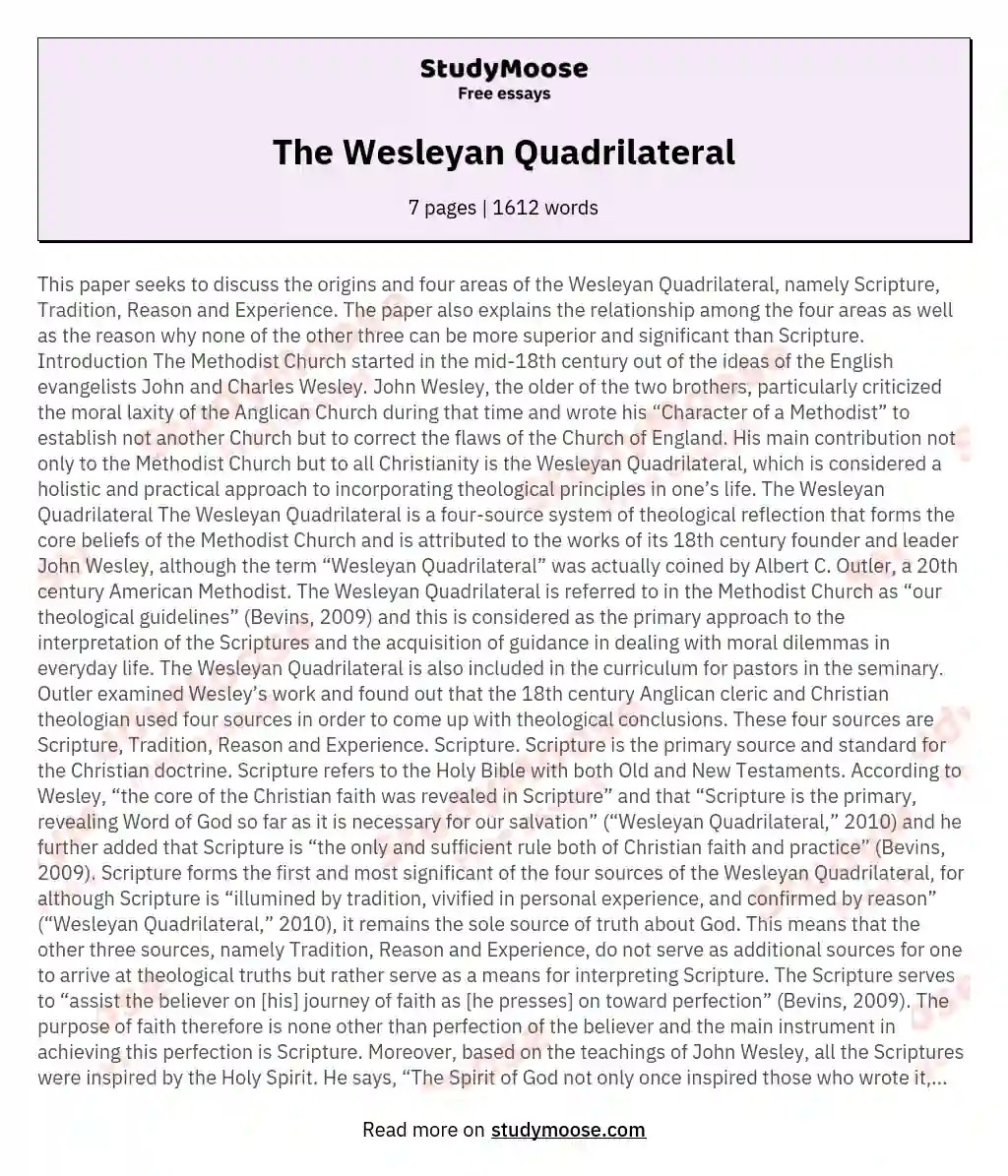 The Wesleyan Quadrilateral Free Essay Example