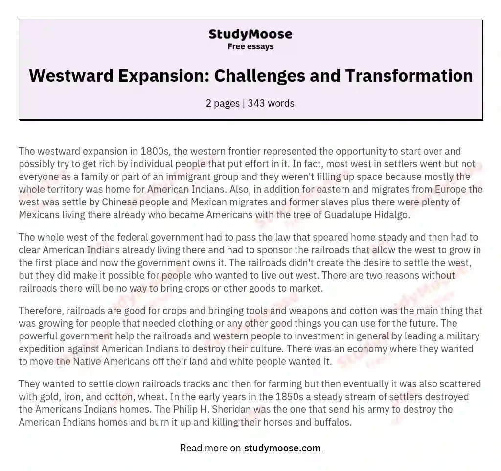 Westward Expansion Challenges and Transformation Free Essay Example