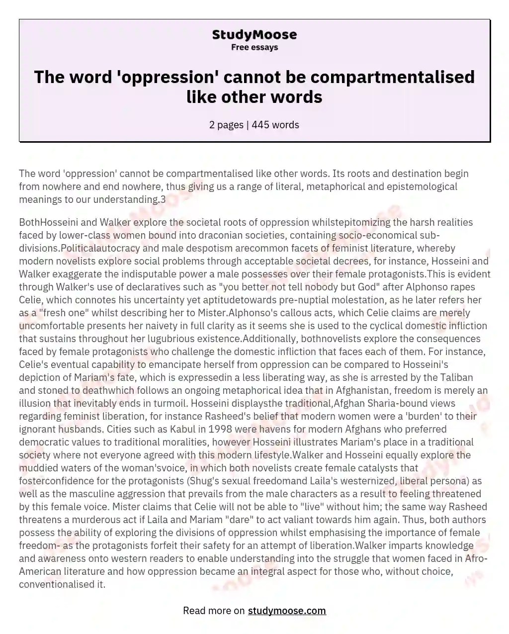 The word 'oppression' cannot be compartmentalised like other words Free Essay Example