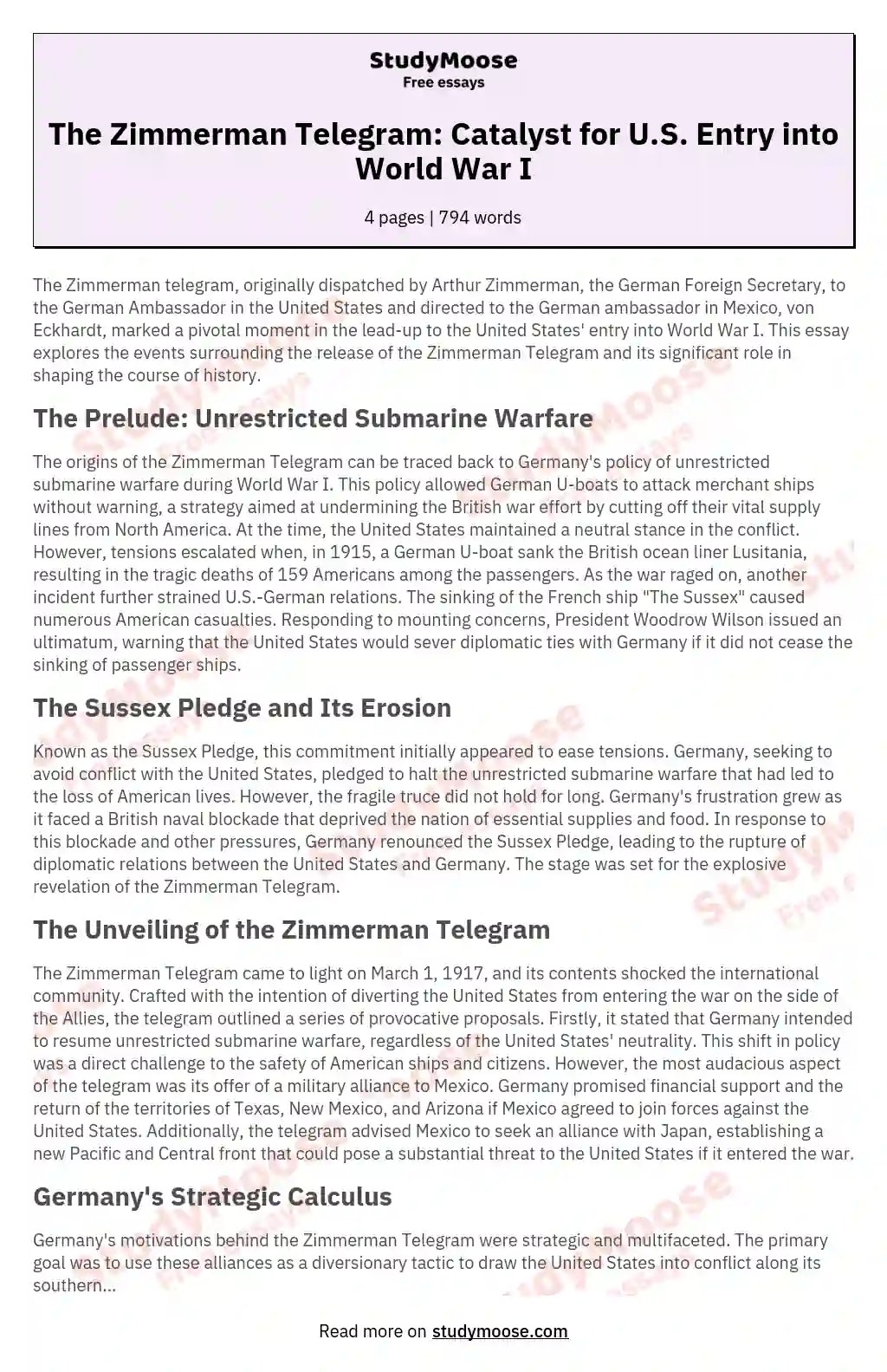 The Zimmerman Telegram Catalyst for U.S. Entry into World War I Free