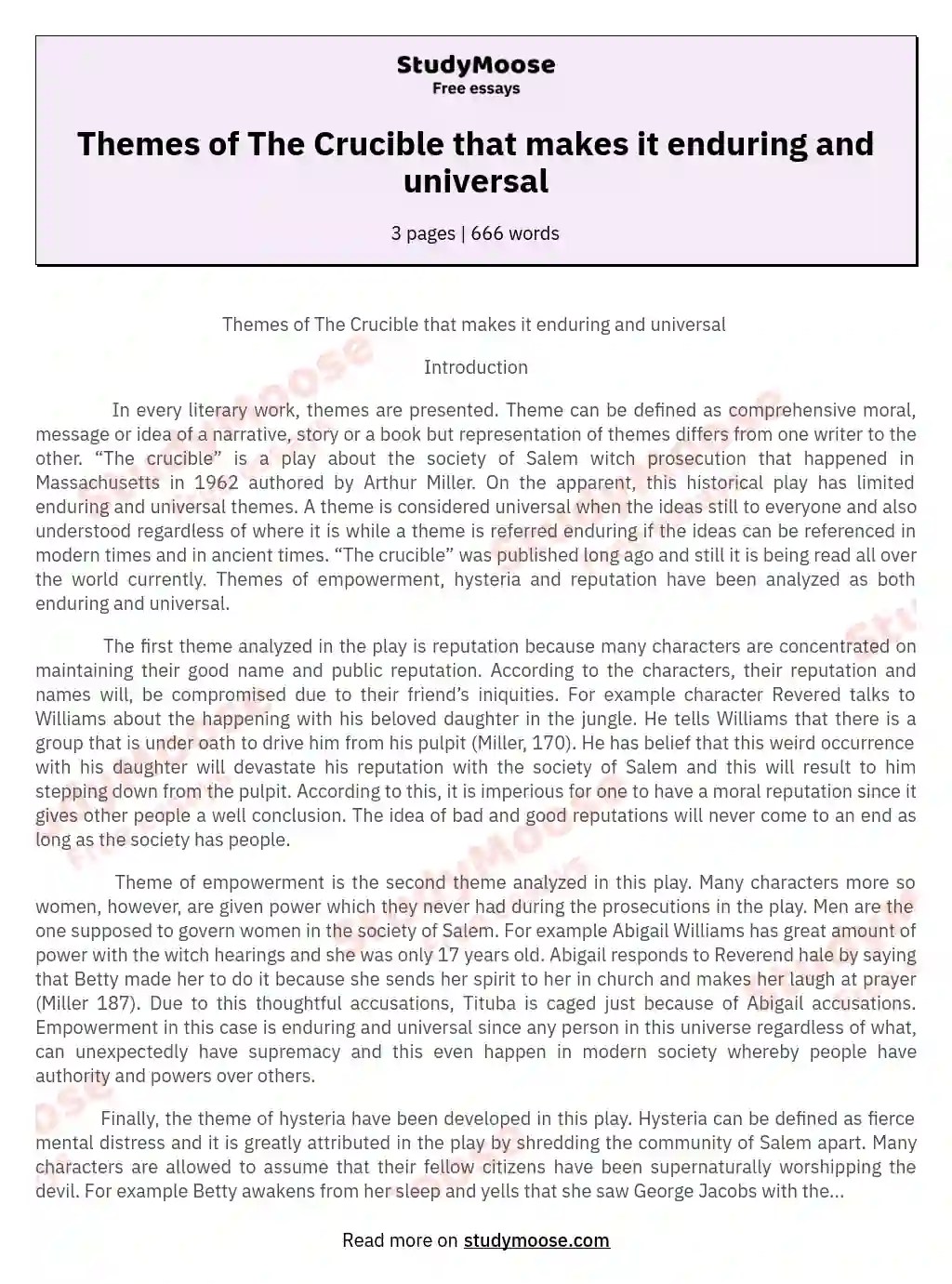 Themes of The Crucible that makes it enduring and universal Free Essay