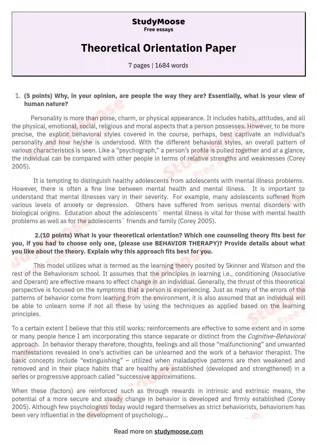 Theoretical Orientation Paper Free Essay Example