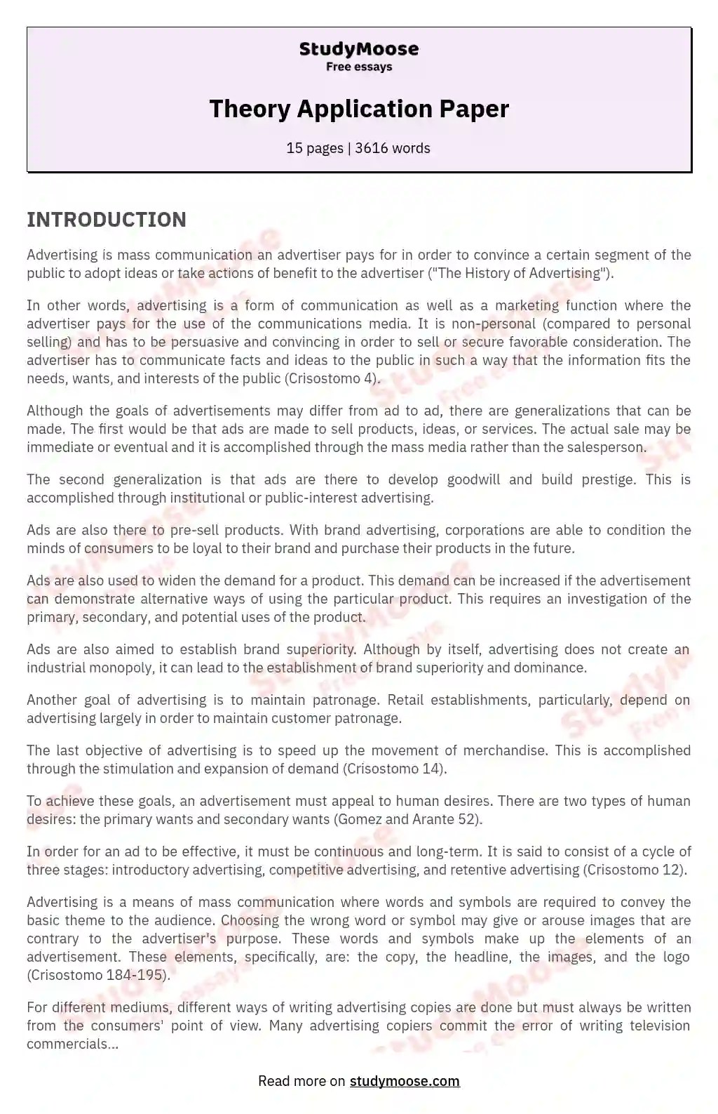 Theory Application Paper Free Essay Example