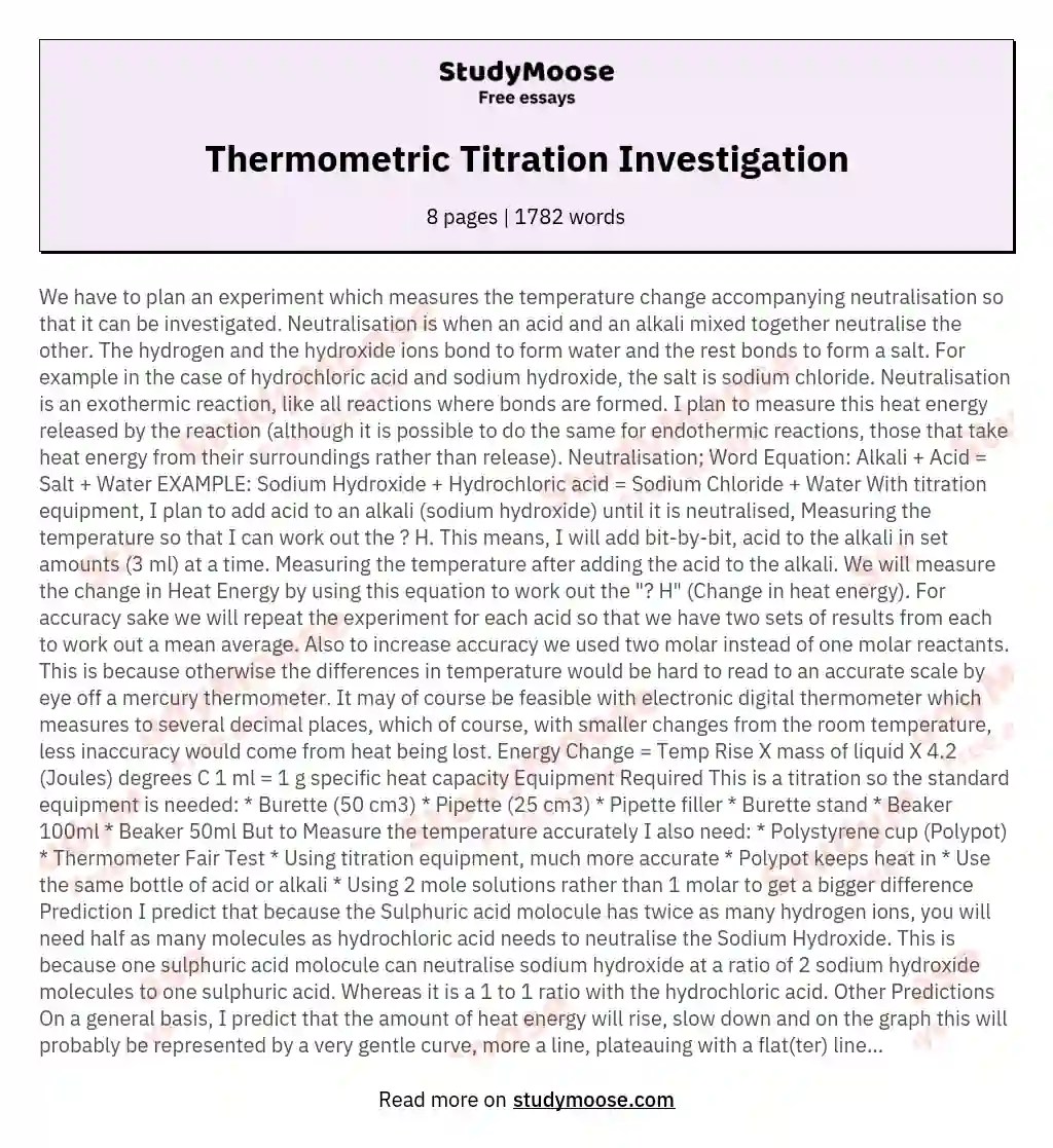 Thermometric Titration Investigation Free Essay Example