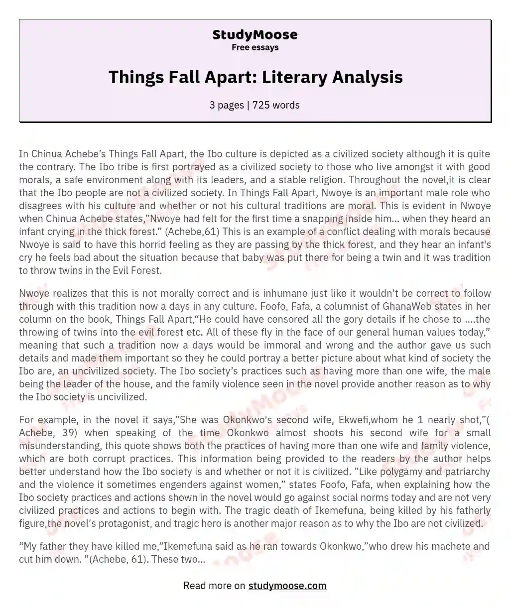 Things Fall Apart Literary Analysis Free Essay Example