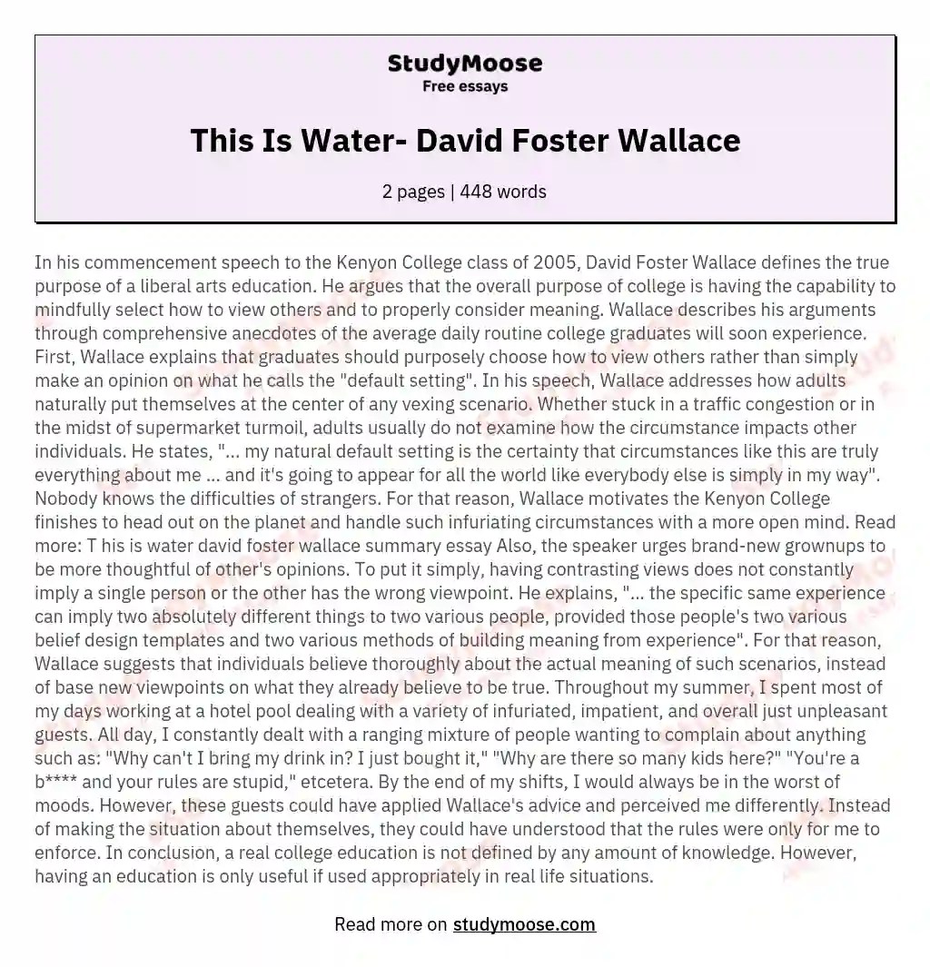 This Is Water David Foster Wallace Free Essay Example