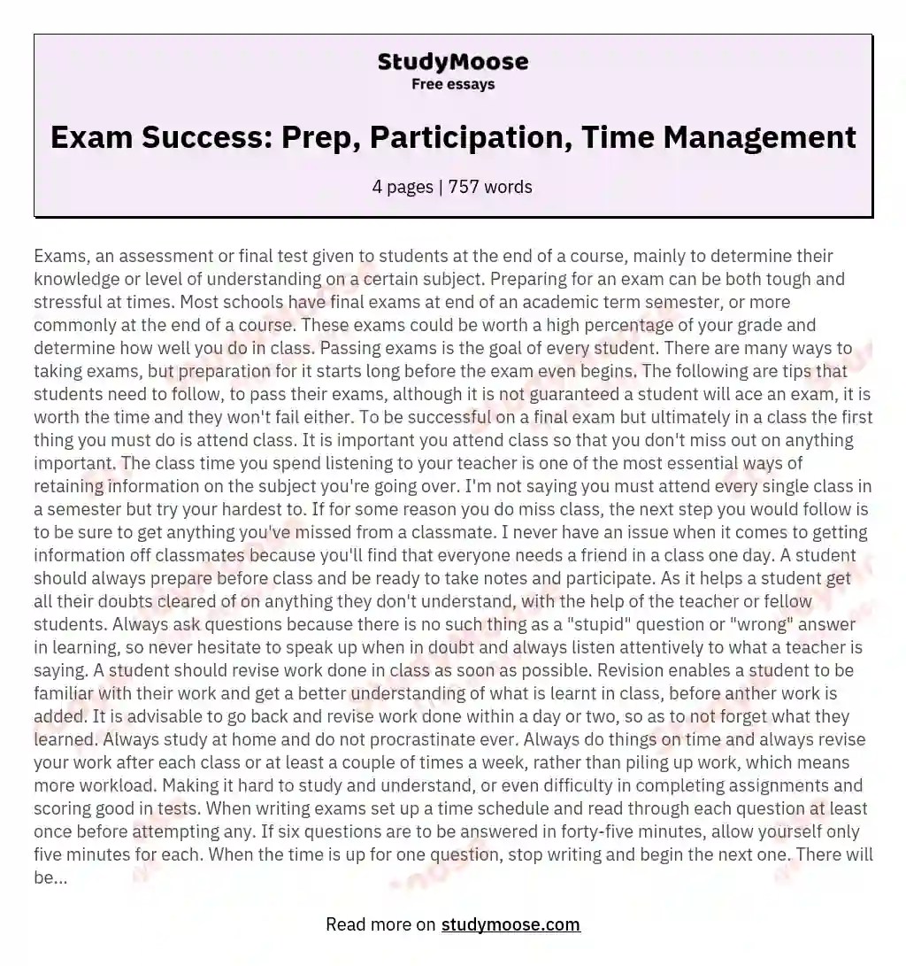 Exam Success Prep, Participation, Time Management Free Essay Example