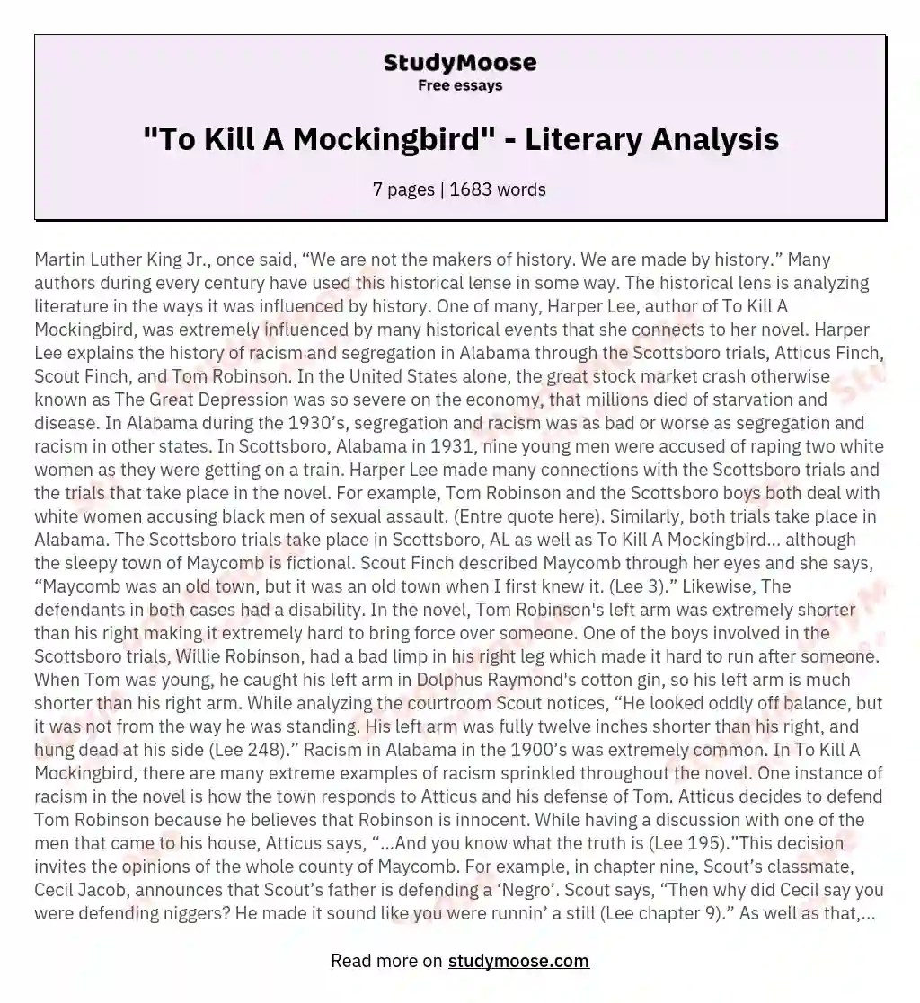 "To Kill A Mockingbird" Literary Analysis Free Essay Example