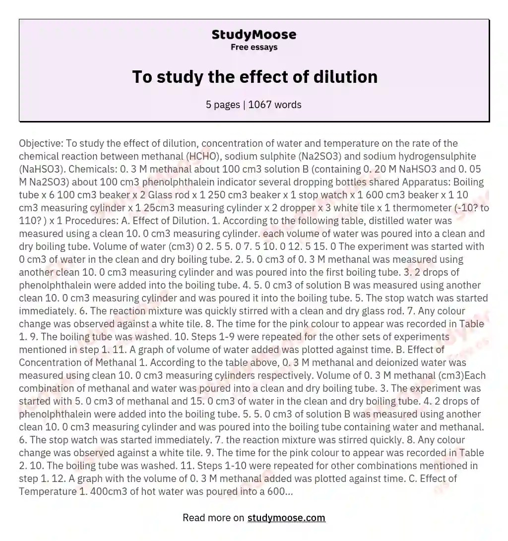 To study the effect of dilution Free Essay Example