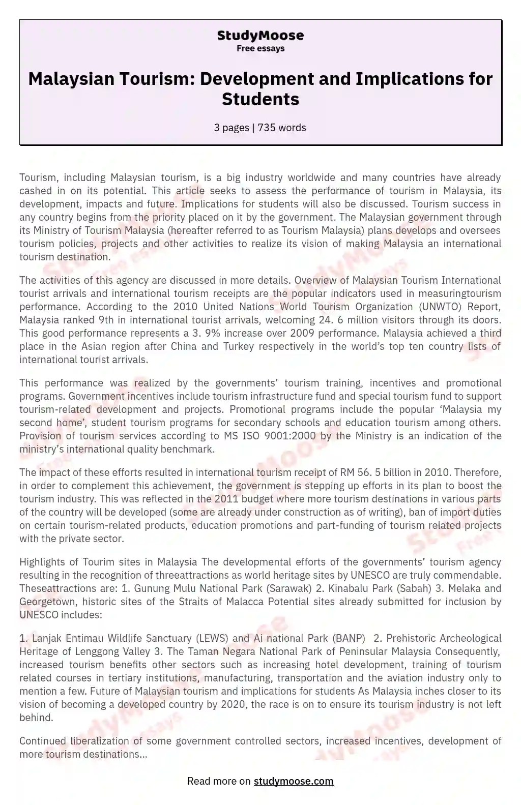 essay tourism in malaysia