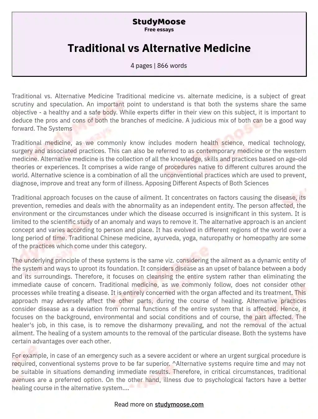 Traditional vs Alternative Medicine Free Essay Example