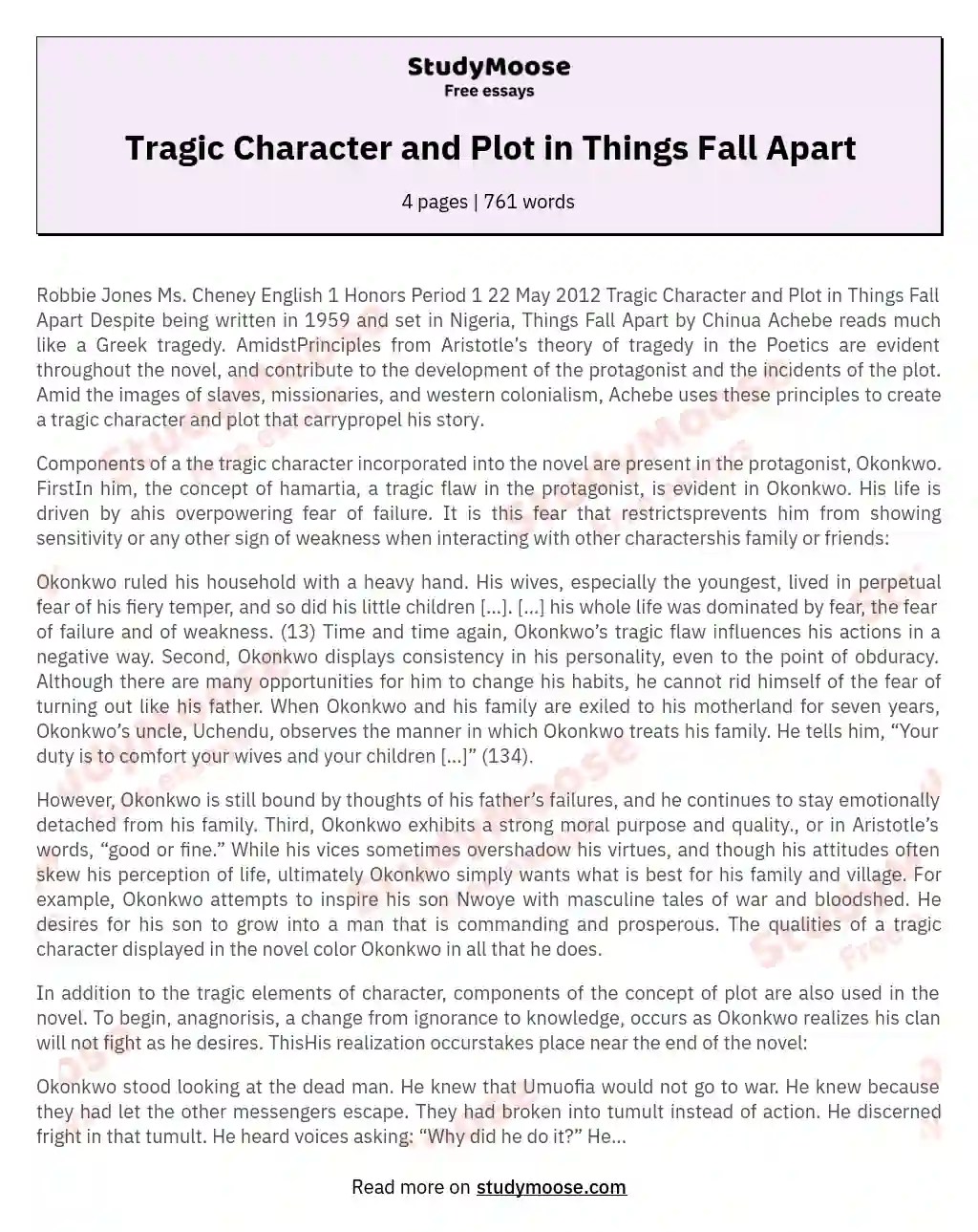 Tragic Character and Plot in Things Fall Apart Free Essay Example