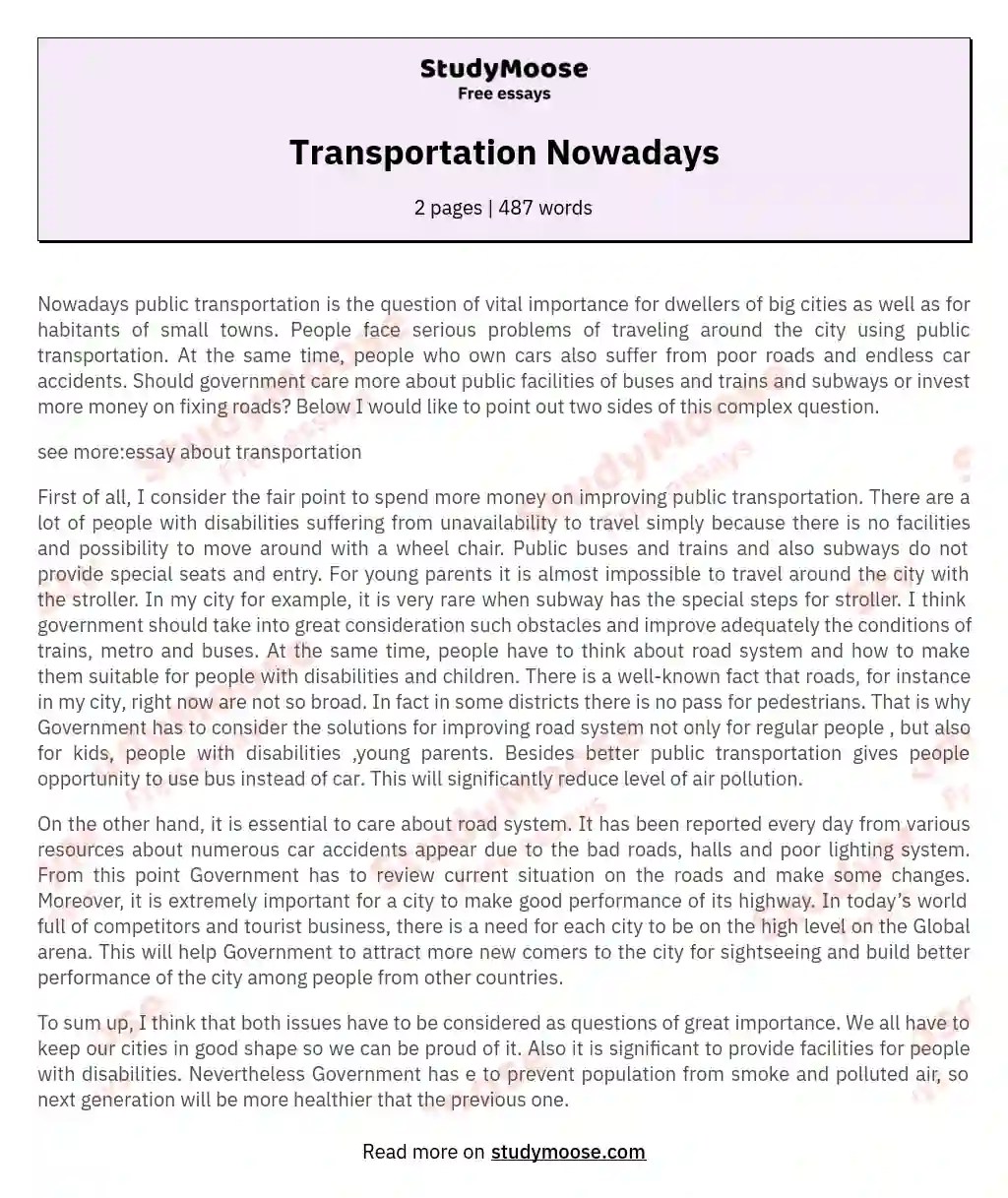 Transportation Nowadays Free Essay Example