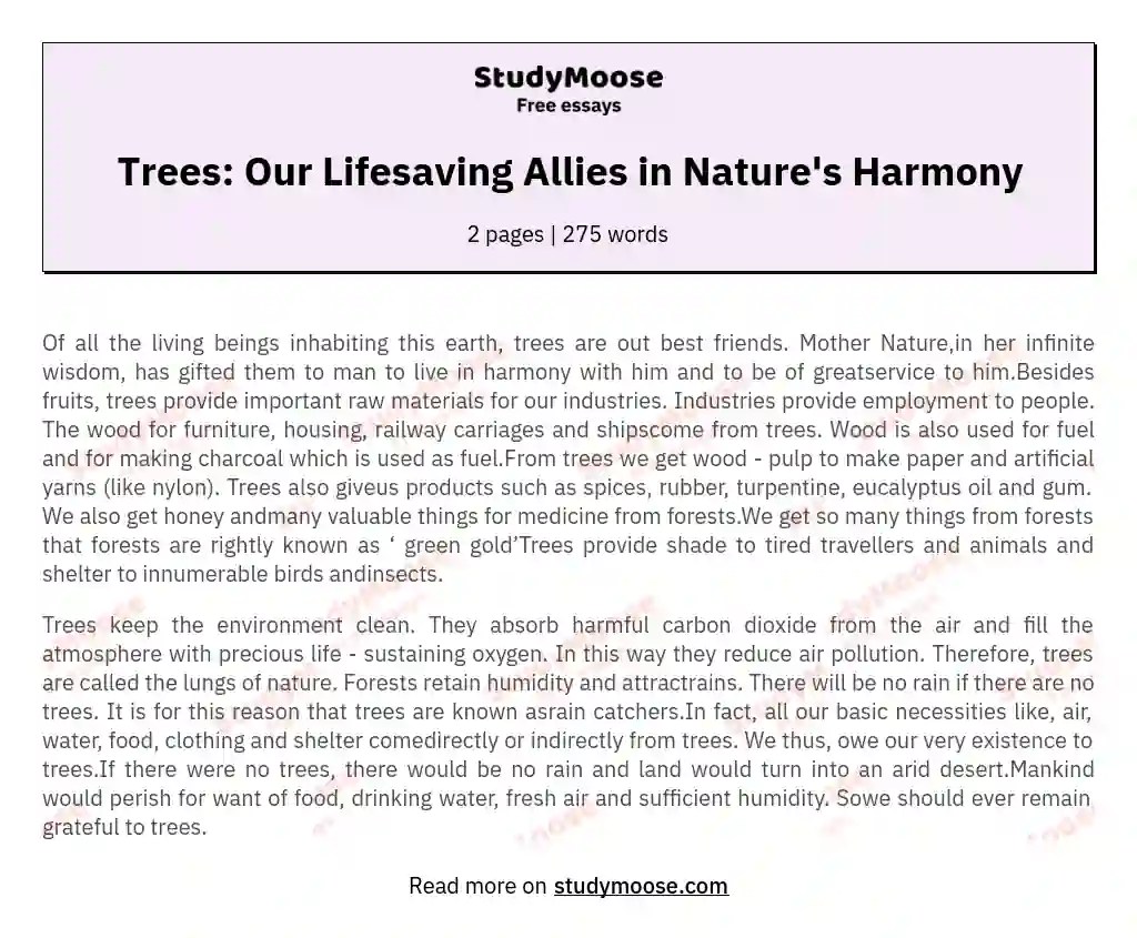 Trees Our Lifesaving Allies in Nature's Harmony Free Essay Example
