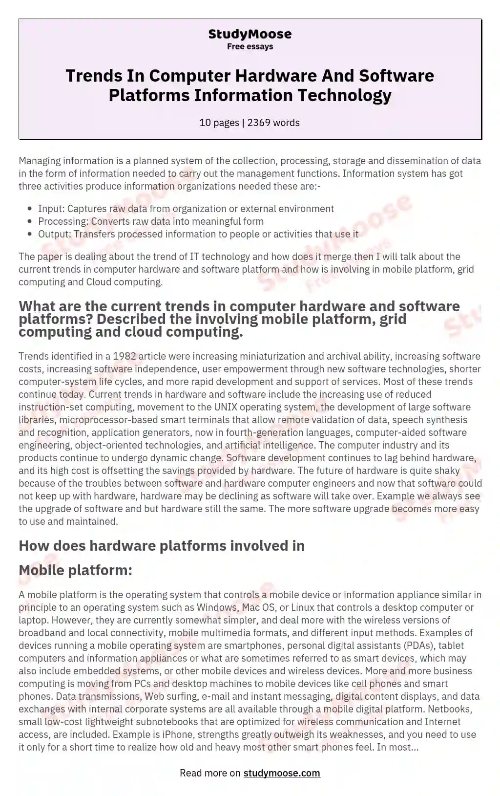 Trends In Computer Hardware And Software Platforms Information Technology Free Essay Example