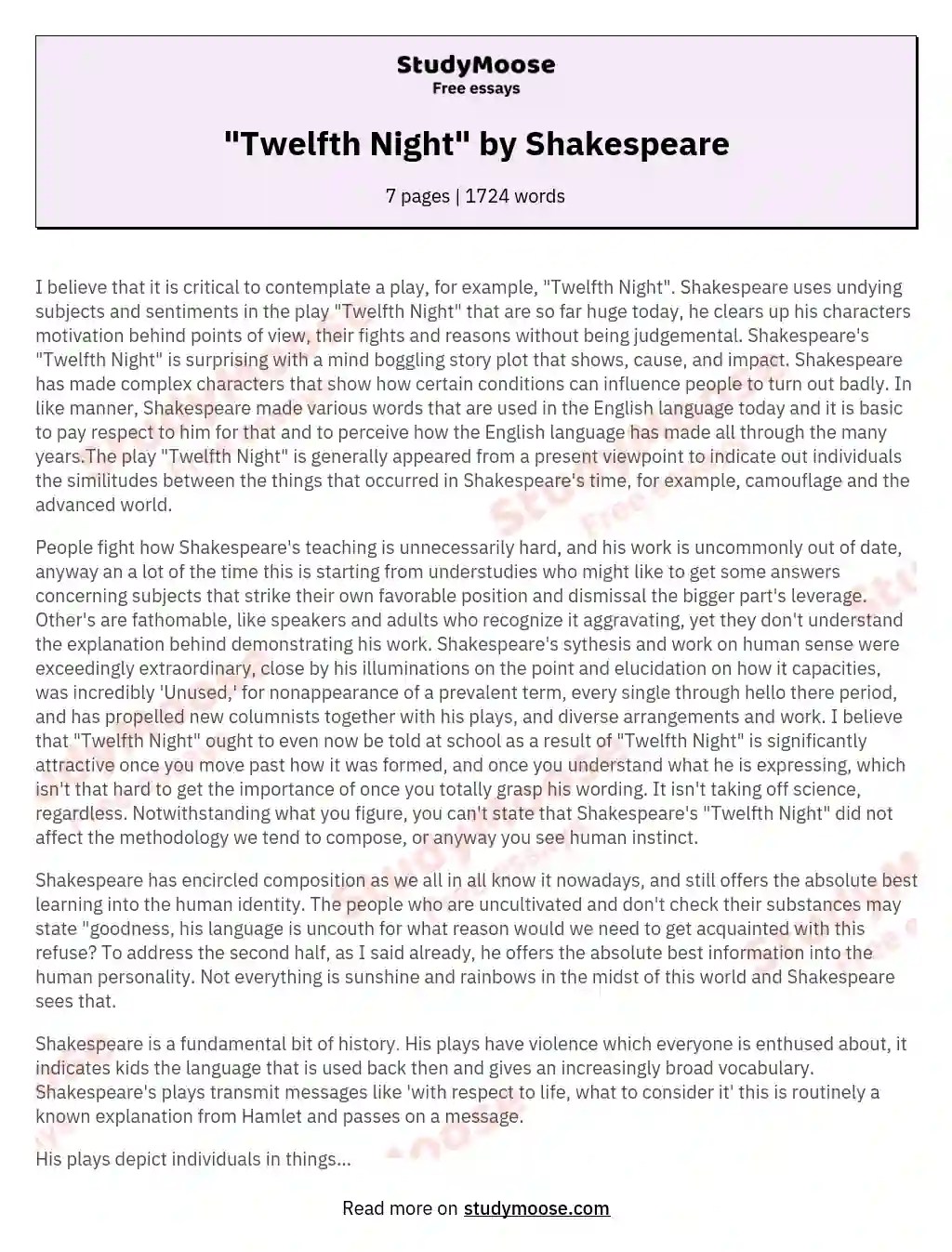 "Twelfth Night" by Shakespeare Free Essay Example