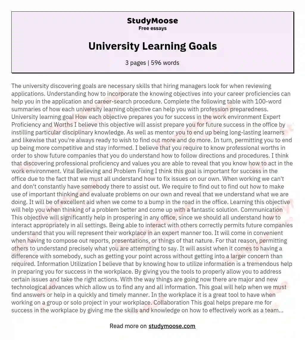 University Learning Goals Free Essay Example