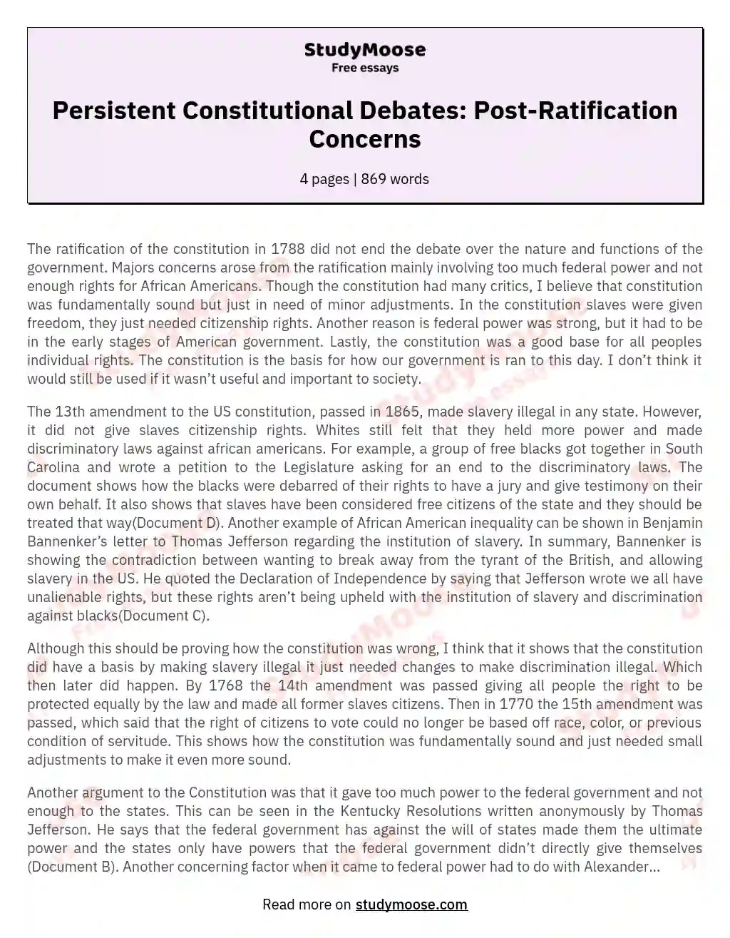 Persistent Constitutional Debates PostRatification Concerns Free