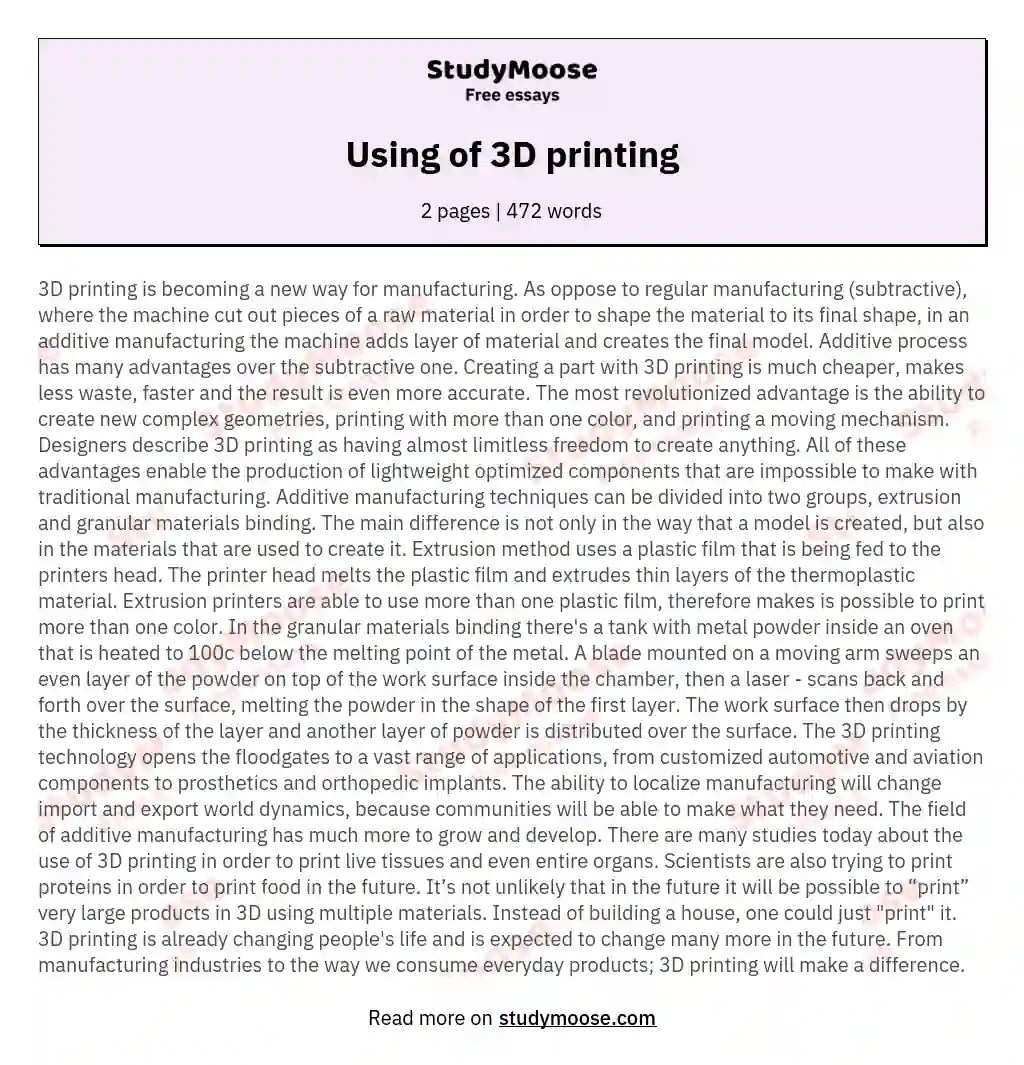 Using of 3D printing Free Essay Example