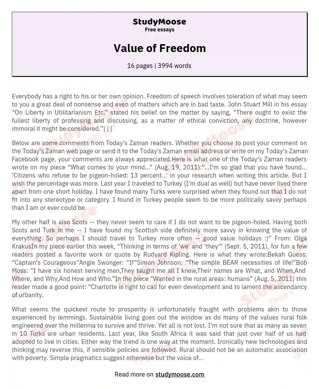 Value of Freedom Free Essay Example