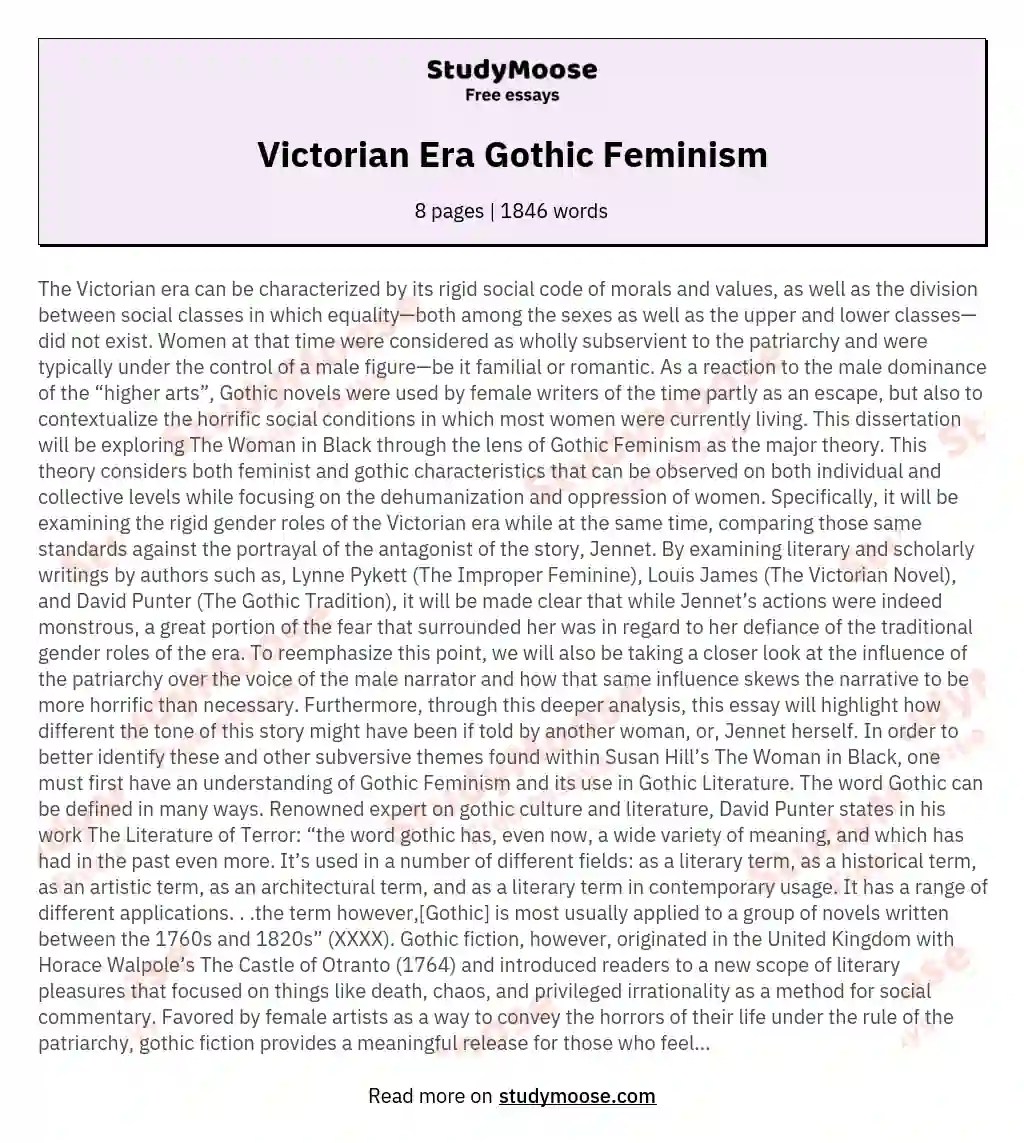 Victorian Era Gothic Feminism Free Essay Example