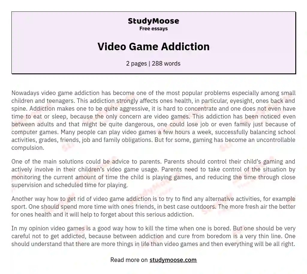 Video Game Addiction Free Essay Example