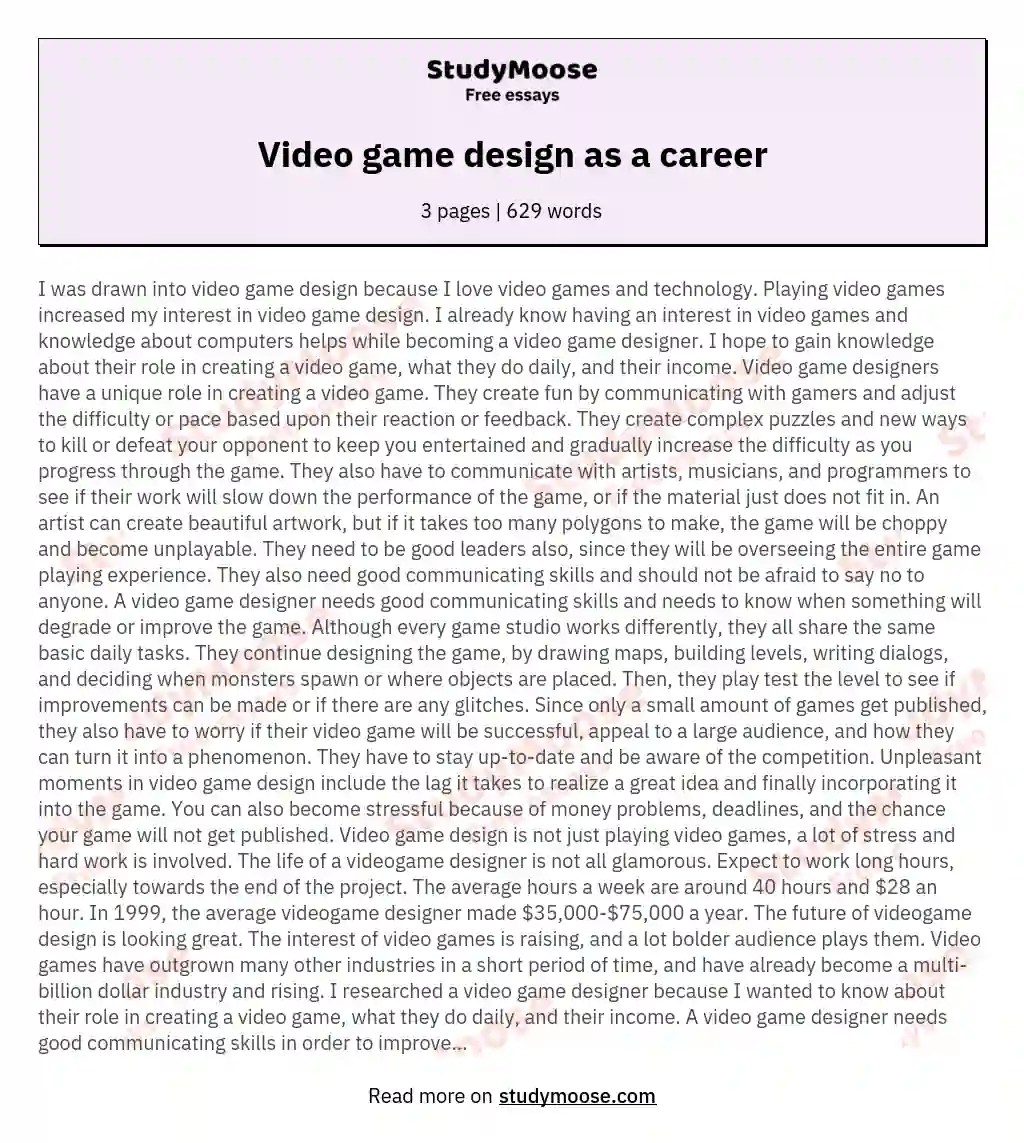 Video game design as a career Free Essay Example