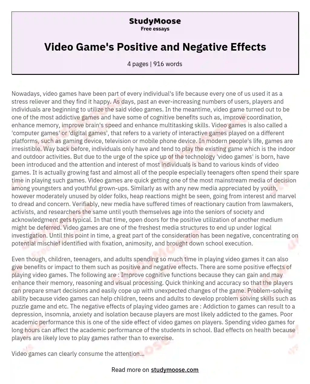 Video Game's Positive and Negative Effects Free Essay Example