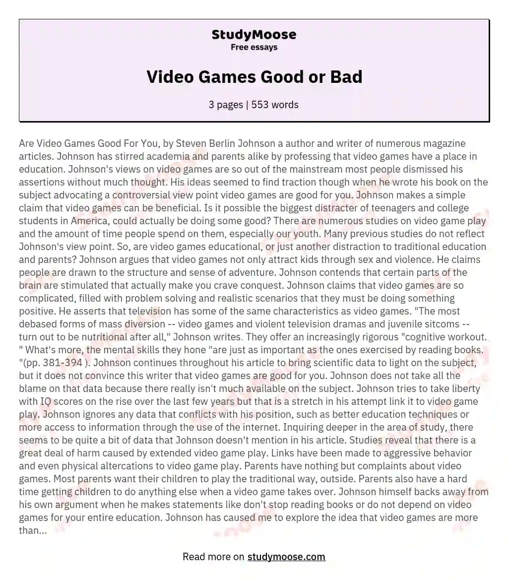 Video Games Good or Bad? Argumentative Essay Example