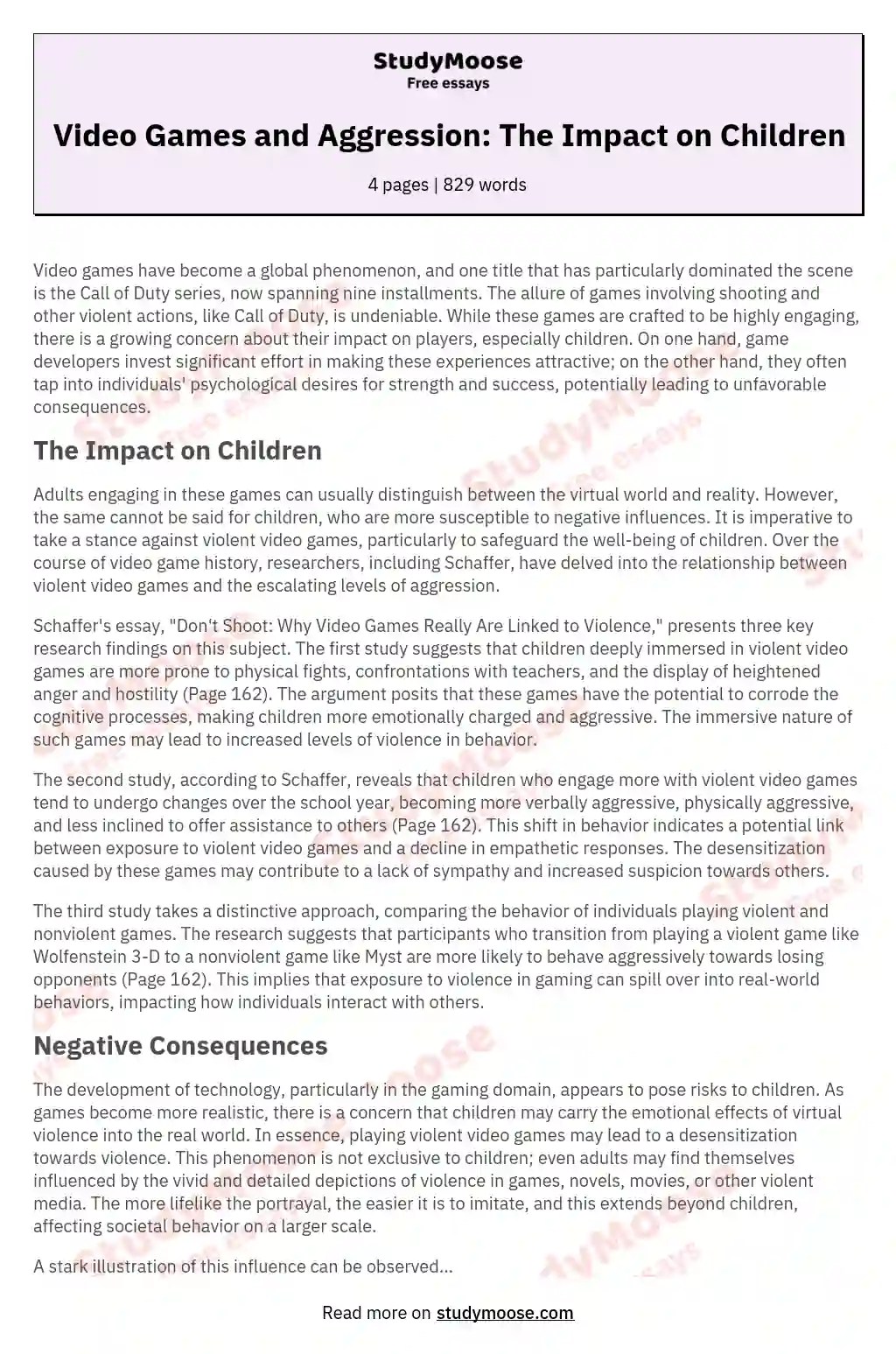 Video Games and Aggression The Impact on Children Free Essay Example